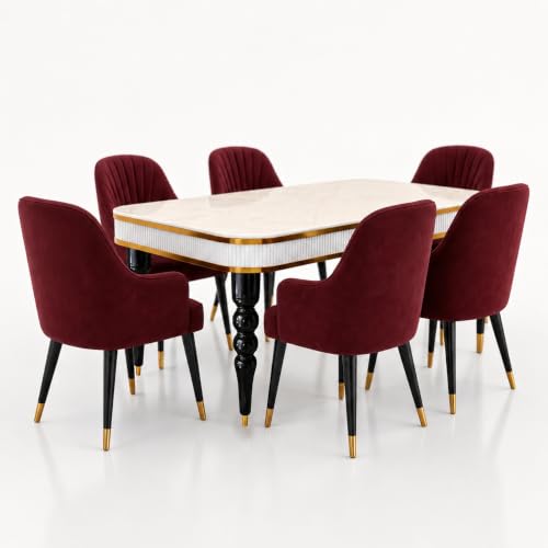 Image of 6-Seater Dining Table Set with Nano Composite Marble Top | Golden PVC Wooden Base | Includes 6 Fabric Upholstered Chairs | 2 Year Warranty | Dining Room Furniture Set for Home (Maroon)