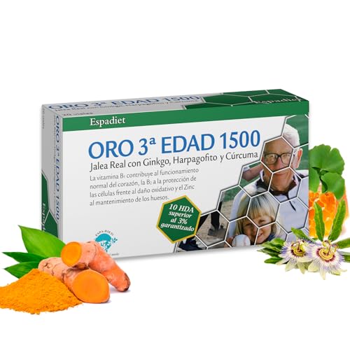 Espadiet Jalea oro 3ra edad 1500– Con Gingko Biloba, Harpagofito, Cúrcuma, Zinc Vitaminas C, del Complejo B y D – Salud del Corazón, Cognitiva, Ósea y Antioxidante – 20 viales de 10ml