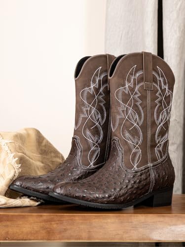 Image of Western cowboy boots, ostrich leather, embroidered design, brown, mid-calf, men's antique ostrich embossed exotic western boots round head.