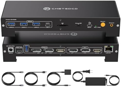 USB C KVM Docking Station Switch 3 Montors 2 Computers with 100W PD Supply Hybrid Displayport and HDMI KVM Triple 4K60Hz or Dual 4K144Hz Extended Display for Laptop and PC Share 15 in 1 Dock