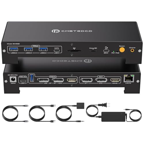 Image of USB C KVM Docking Station Switch 3 Montors 2 Computers with 100W PD Supply Hybrid Displayport and HDMI KVM Triple 4K60Hz or Dual 4K144Hz Extended Display for Laptop and PC Share 15 in 1 Dock