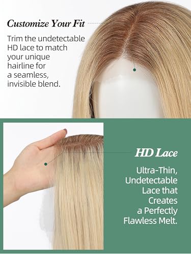 Image of 13 * 4 HD Glueless Human Hair Ombre Light Blonde Lace Front Wigs for White Women Straight Wig Pre Plucked 180% Density Transparent (20inch)