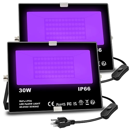 Image of MELPO Black Light 30W LED Blacklight Flood Light Outdoor for Glow Party, Halloween Decoration, Body Paint, Fluorescent Poster, Neon Glow, IP66,US-Plug-Switch-6.7Ft Cord (2 Pack)
