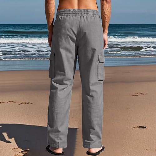 Linen Pants Men Drawstring Waist Mencomfy Cargo Pants Relaxed Fit Beach Vacation Yoga Lounge Pants with Pockets4