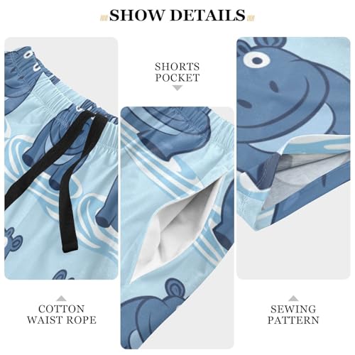 Men's Short Pajama Bottoms Hippo Cartoon Animal Blue Home Casual Sleep Pants3