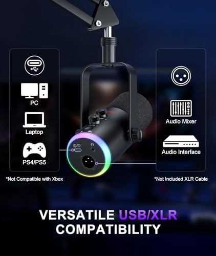 Dynamic Gaming Microphone | USB/XLR Dual Mode | RGB Boom Arm Mic Kit with One‑Touch Mute, Headphone Monitor, Gain Control | for Streaming, Podcast, PC, PS4/PS5, Recording