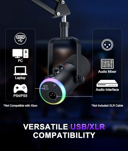 Image of Dynamic Gaming Microphone, USB-C /XLR Podcast Mic with Boom Arm Stand for Recording Streaming Singing, RGB Light, Mute Button, Headphone Monitor for PC, TikTok, YouTube