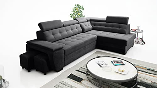 Robin Grand Ecksofa mit Schlaffunktion Bettkasten Kopfstützen Relaxfunktion 2 Hocker Sofa L-Form Schlafsofa Freistehende Eckcouch Schlafcouch Wohnzimmermöbel Wohnlandschaft Rechts Schwarz