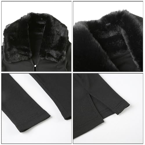 Image of Women Sexy 2 Piece Outfits Rave Tie-up Feather Trim Fur Long Sleeve Cardigan Deep V Blouse