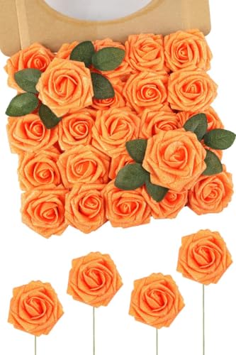 N&T NIETING Flores Artificiales de otoño Resplandor Naranja Flores de Espuma 25 Unidades de Rosas Brillantes de Aspecto Real Rosas Falsas con Tallo para Ramos de Boda DIY, centros de Mesa, Despedidas