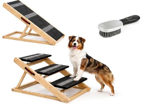 3 Steps Wood Pet Stairs & Ramp for Small and Medium Dogs and Cats, Portable Ramp Pets 2-in-1 Foldable, Non-Slip Pet Ladder for Tall Beds, Sofa, Cars, Holds Up to 220 lbs (3 Steps)