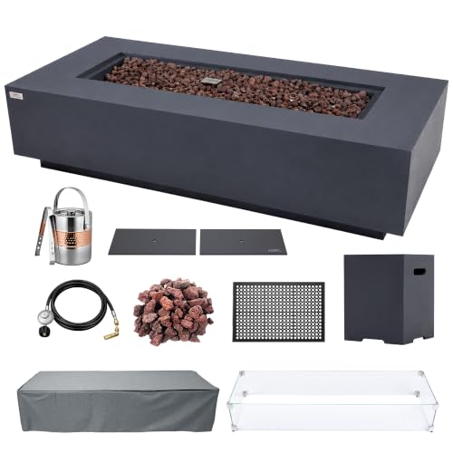 Image of AMS Creations | Savanah 72 inch Bundle Rectangular Cast Concrete Propane Gas Fire Pit Table | Dark Gray | Smooth Texture Surface | Electronic Ignition | Outdoor Patio Heater Outside Backyard Fireplace