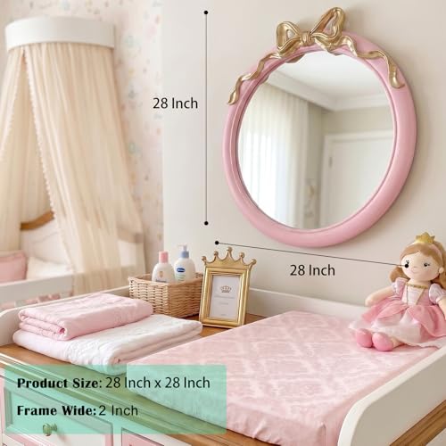 Image of 28x28 inch Pink Bow Mirrors for Wall, Round /Circle God Decorative Wall Mounted Mirror, Suitable for Bedroom, Hallway, Living Room Decoration, Nursery Room, Girl's Room