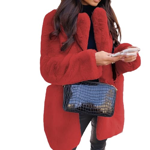 Image of Womens Faux Fur Long Coats Warm Winter Outwear Fleece Overcoat Open Front Long Cardigan Jacket with Pockets (Red,4X-Large)