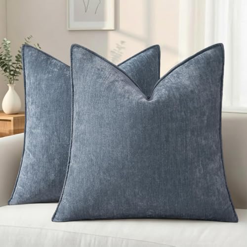 decorUhome Chenille Haze Blue Velvet Throw Pillow Covers 16x16 Set of 2