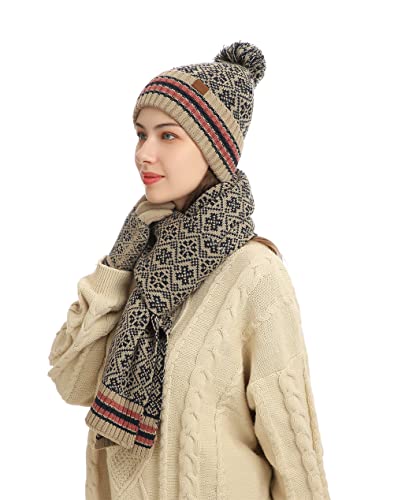 Winter Beanie Hat Scarf Touch Screen Gloves 3 in 1 Set for Women Ribbed Knit2