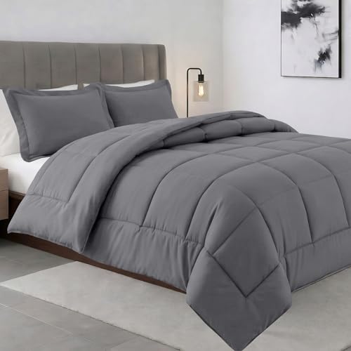Elegant Comfort Luxury Oversize King Comforter Set, 3-Piece Down Alternative Comforter and Matching Shams Set, Ultra Soft All-Season Duvet Insert, Box Stitched Design, Corner Tabs, Gray