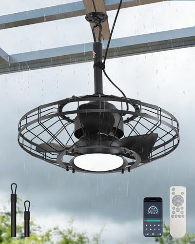 AHAWILL 20" Outdoor Ceiling Fan with Light,Waterproof Gazebo Fan with Hanging Hook,6-Speed Reversible Motor,Memory 3CCT,Plug-in Caged Ceiling Fan with Smart App Control for Patio Porch (Black)