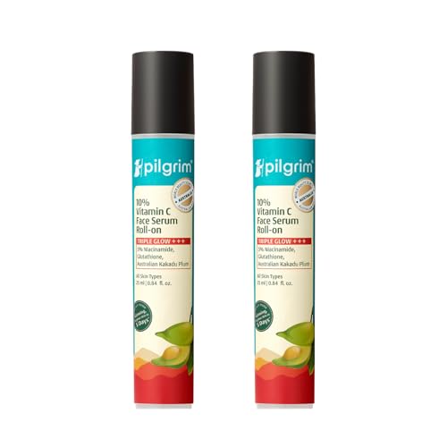 Image of Pilgrim 10% Vitamin C Face Serum Roll-On for Glowing Skin with Niacinamide & Glutathione, Kakadu Plum | Reduces Dark Spots, Brightening Serum for Even Skin Tone | For All Skin Type - 25ml (Pack of 2)