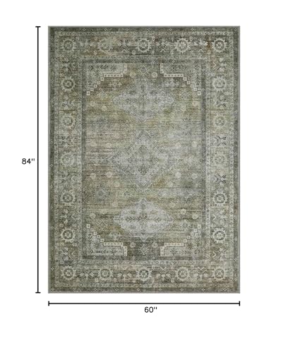 Area Rugs 5x7 for Living Room Bedroom, Modern Boho Machine Washable Large Distressed Light Greyish Sage Green Rug, Low Pile Floor Carpet with Non Slip Backing for Dining Room