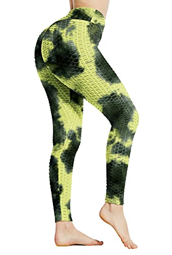 syoss TIK Tok Leggings for Women Butt Lift, Anti-Cellulite Scrunch Honeycomb Texture Booty Lifting High Waisted Tummy Control Workout Yoga Pants for Women, for Around The House. Black Green Tie-Dye, L