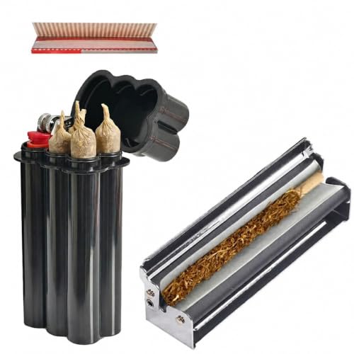 VOVCIG 4 Pièces Rouleuse à Joint，110mm Machine à Rouler Joint, Rouleuse à Cigarette Kit avec 32 Feuilles à Rouler & Noir Boite a Cigarette