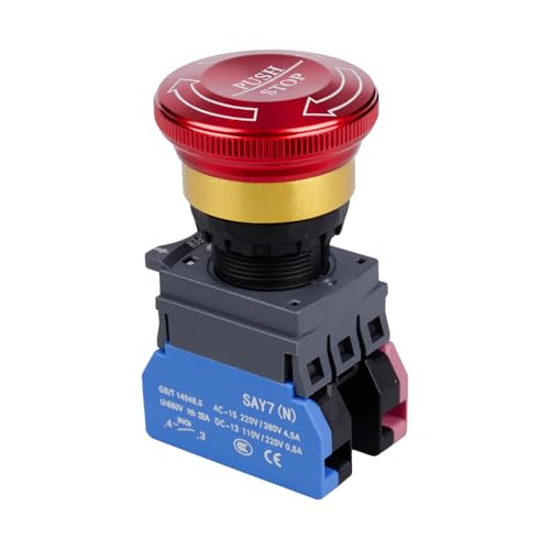 Emergency Stop Button 32A 440V Latching Push Button Switch 22mm Aluminum Alloy Round E-Stop Button IP65 Waterproof Self-Locking Shut Off Switch