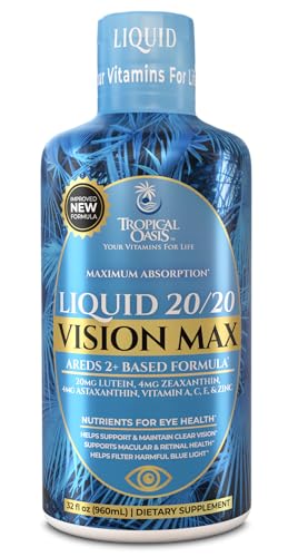 Liquid 20/20 Vision - Eye Vitamin Formula w/20mg Lutein, 4mg Zeaxanthin, 4mg Astaxanthin for Vision Support –Max Absorption- Great Taste & No Pills to Swallow– 32 Serv, 32oz