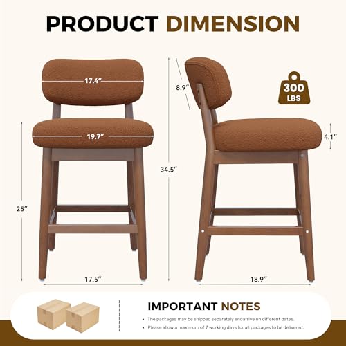 Image of Counter Height Bar Stools Set of 2, Mid-Century Modern Boucle Bar Chairs with Solid Wood Frame, Fluffy Upholstered Stools with Backrest for Kitchen Island, Home Bar, Caramel Brown