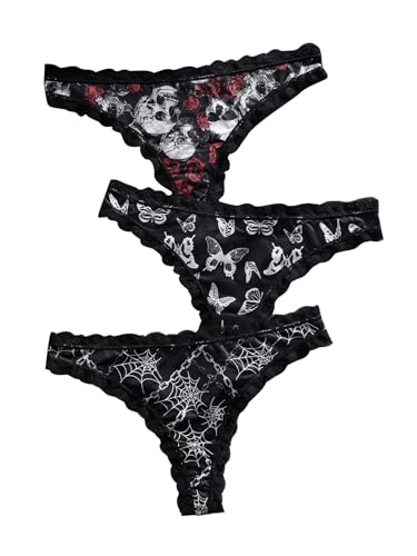 SOLY HUX Women's Gothic Lace Trim Thongs 3 Packs Funny Printed Panties Sexy Underwear