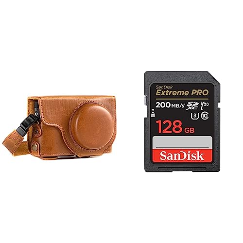 MegaGear MG1260 Panasonic Lumix DC-TZ95, DC-TZ90 Ever Ready - Étui de Protection en Cuir avec Bandoulière - Marron Clair & SanDisk 128 Go Extreme Pro Carte SDXC + RescuePRO Deluxe, jusqu'à 200 
