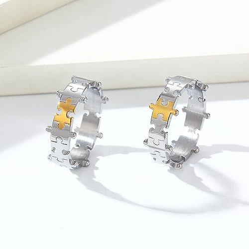 Image of Unisex 2 Colors Jigsaw Puzzle Couple Ring | Stainless Steel, Cool Splicing Shaped, Creative Hip Hop Matching Set, Wedding Band