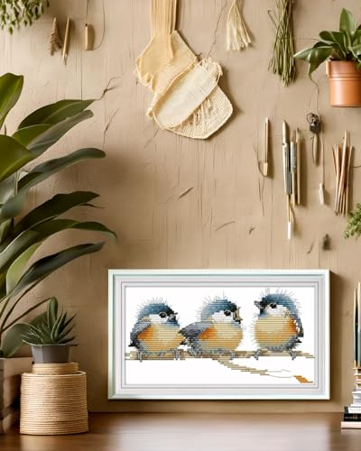 Image of CaptainCrafts Cross Stitch Kits for Adults Stamped 11CT Birds Pattern | Printed Fabric, Three Birds Cross Stitching, DIY Hand Embroidery, Relaxing Crafts, Home Decor