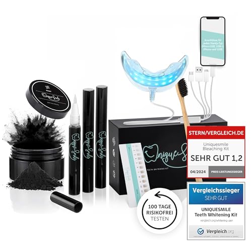 Hochwertiges Teeth whitening kit von UniqueSmile - Testsieger 2023-100 Tage risikofrei testen - All in One Bundle für Zahnaufhellung & weiße Zähne - Zahn Bleaching Set (Premium-Set)