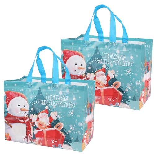 DERAYEE クリスマス ギフトバッグ 不織布 32x25cm 2枚入り 手提げ袋 ラッピング袋 マチ広 大容量 おしゃれ 雪だるま サンタクロース 飾り 収納 贈り物 (雪だるま, 32x25cm)