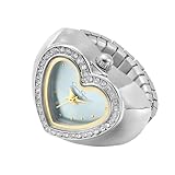 Jessica Simpson Women's Silver Adjustable Ring Watch – Crystal Heart Shaped Bezel, Quartz Analog Mini Dial, Stretch Band Fashion Jewelry Accessory