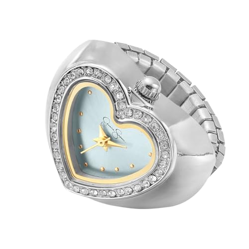 Jessica Simpson Women's Silver Adjustable Ring Watch – Crystal Heart Shaped Bezel, Quartz Analog Mini Dial, Stretch Band Fashion Jewelry Accessory