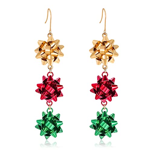 Christmas Earrings for Women Cute Green Christmas Gift Bow Dangle Earring Holiday Crazy Party Drop Stud Earrings (Colorful Bow-1)