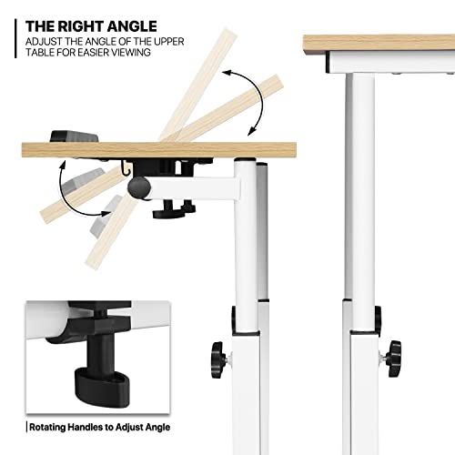 Monibloom Mobile Standing Desk With 2 Platforms Adjustable Computer Laptop Desk Home Office Workstation Rolling Table Cart For Standing Or Sitting, Natural #TOP4