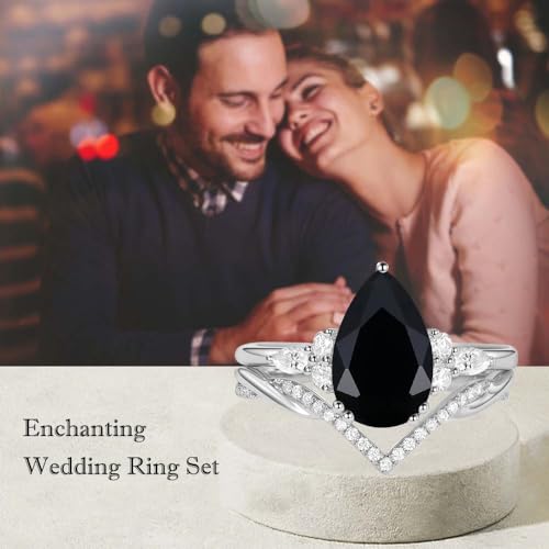 Pear Shaped Black Onyx Rings for Women Wedding Sets - Black Onyx Bridal Sets Wedding Rings White Yellow Rose 10K 14K 18K Gold 925 Sterling Silver Personalized Womens Wedding Ring Sets3