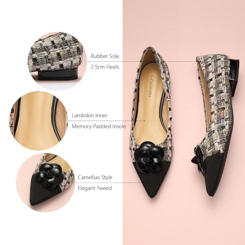 C.Paravano Flat Shoes - Women's Tweed Pointed Toe Pumps - Slip On Ballet Flats (Size 7.5, Black)4