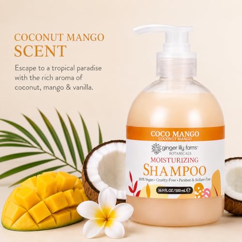 Image of Ginger Lily Farms Botanicals Shampoo, 16.9oz, Coco Mango | 100% Vegan & Cruelty-Free | Moisturizing Shampoo for All Hair Types