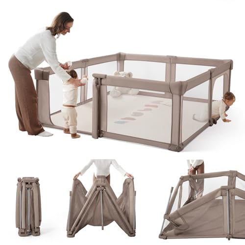 Image of Foldable Baby Playpen,Portable Indoor & Outdoor Playpen for Babies and Toddlers,59 inchx59 inchExtra Large Play Pen with Gate,Collapsible Baby Fence with Travel Bag(Deep Khaki)