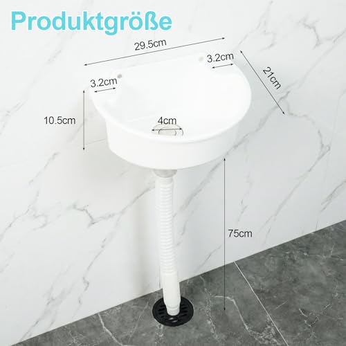 Ausgussbecken Kunststoff, Mini Waschbecken mit 75cm Edelstahl Abläufe & Abflussstopfen, Halbkreis Gebogen Spülbecken, Camping Waschbecken für Garten Keller WC Badezimmer