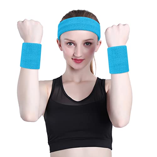 Image of ONUPGO Sweatband Set Sports Headband Wrist Striped Sweatbands Terry Cloth Wristband Athletic Exercise Basketball Wrist Sweatband and Headbands Moisture Wicking Sweat Absorbing Head Band Neon Blue