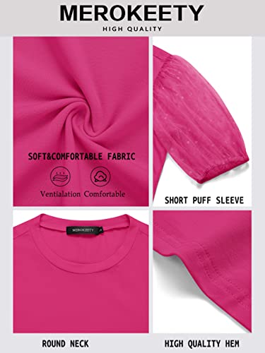 Merokeety Womens 2023 Summer Mesh Puff Short Sleeve Tops Crew Neck Polka Dot Casual Blouse Shirts,Hotpink,M #TOP5