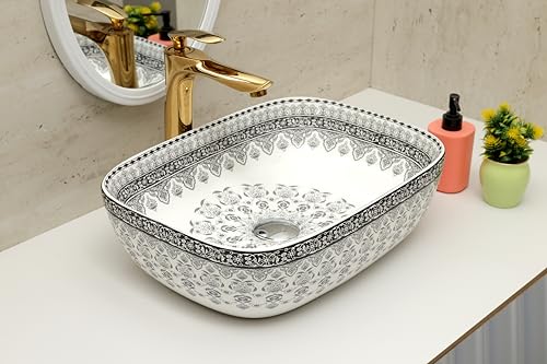 Image of Moroccan Design Ceramic Tabletop Wash Basin | Countertop Vessel Sink | Wash Basin over counter For Bathroom Hotel Home (18x13x5.5 Inch) (TORO 4014) (Moroccan Design 101)