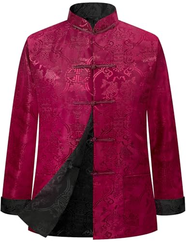 Funny World Hanfu Men Tang Suit Chinese New Year Shirt Traditional Clothes Both Sides Long Sleeve Top, Black Red, X-Large