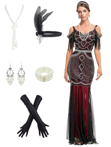 Image of Women Evening Maxi Long Dress 1920s Sequin Mermaid Hem Wedding Prom Gown Costume w / 20s Gatsby Accessories Set