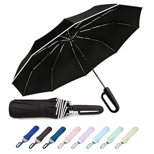 MRTLLOA 46/54 Inch Travel Ring Handle Umbrella, Windproof for SUN/UV and Rain with Reflective Stripe, Compact Folding Backpack Umbrella for Women Men, 10 Ribs